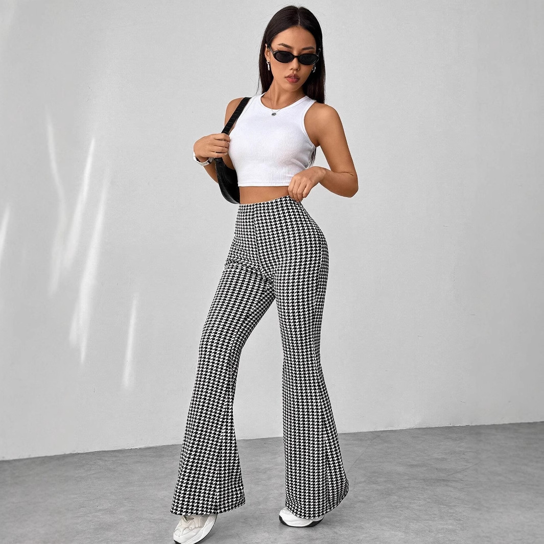 Retro Houndstooth High-Waist Slimming Flare Pants
