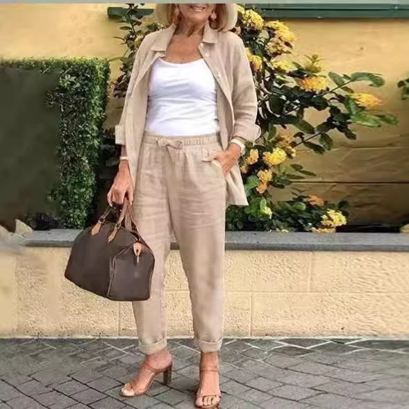 Cotton-Linen Collared Blazer & Loose Pants Casual Set