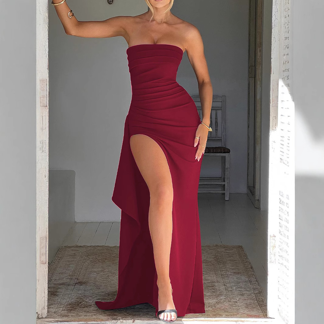 Women's Strapless High Slit Ruched Solid Color Long Dress