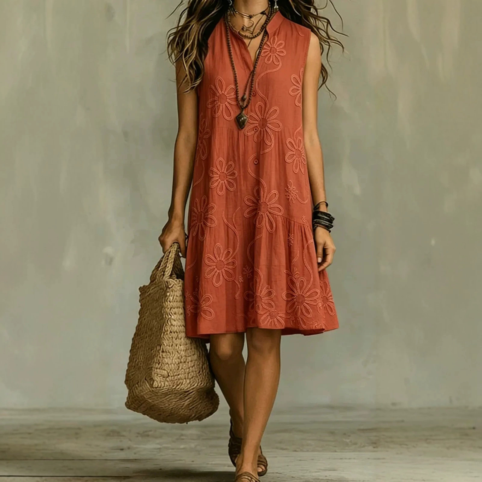 3D Print V-Neck Sleeveless Loose Casual Dress
