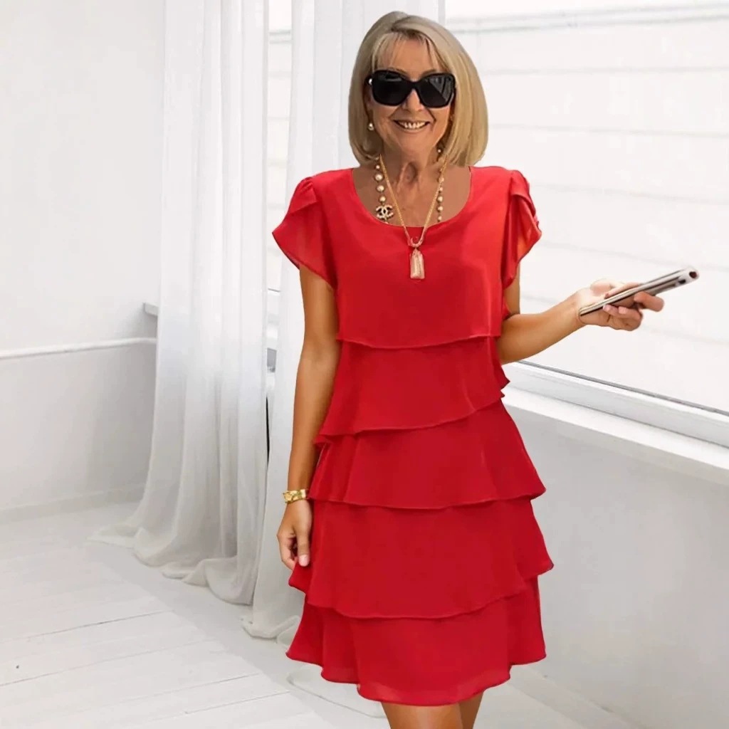 Summer Short Sleeve Tiered Dress Solid Color Round Neck