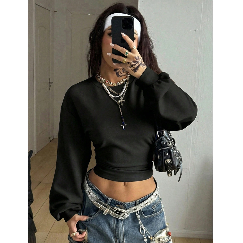Women's Cropped Slim Fit Y2K Crewneck Solid Color Sweatshirt
