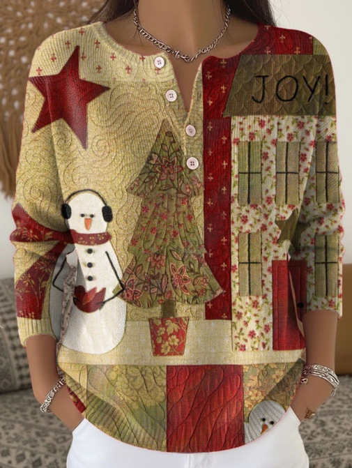 Women's Christmas Tree Snowman Scarf Print Button Sweatshirt