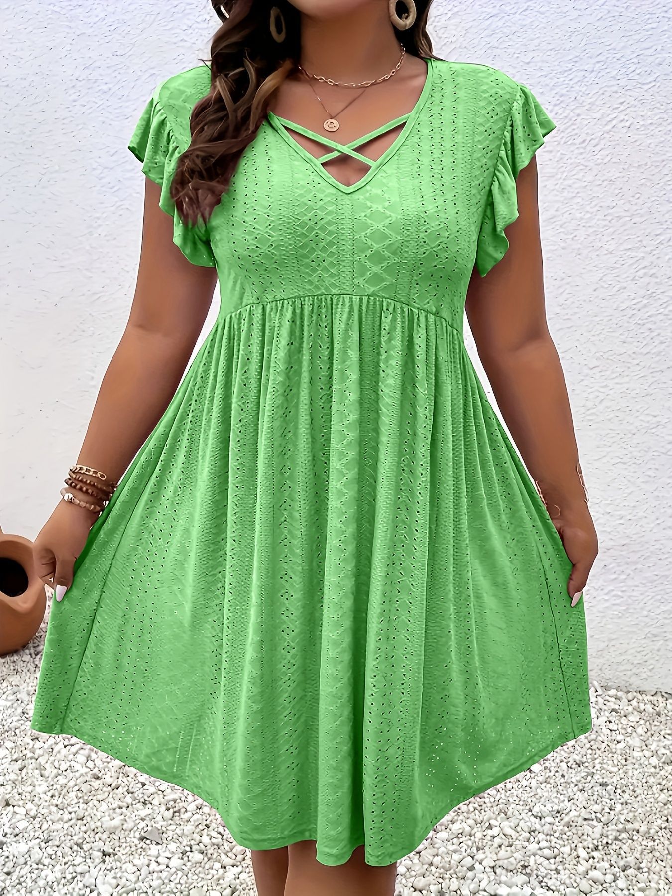Women's Summer Hollow-Out Short Sleeve Cover-Up Mini Dress