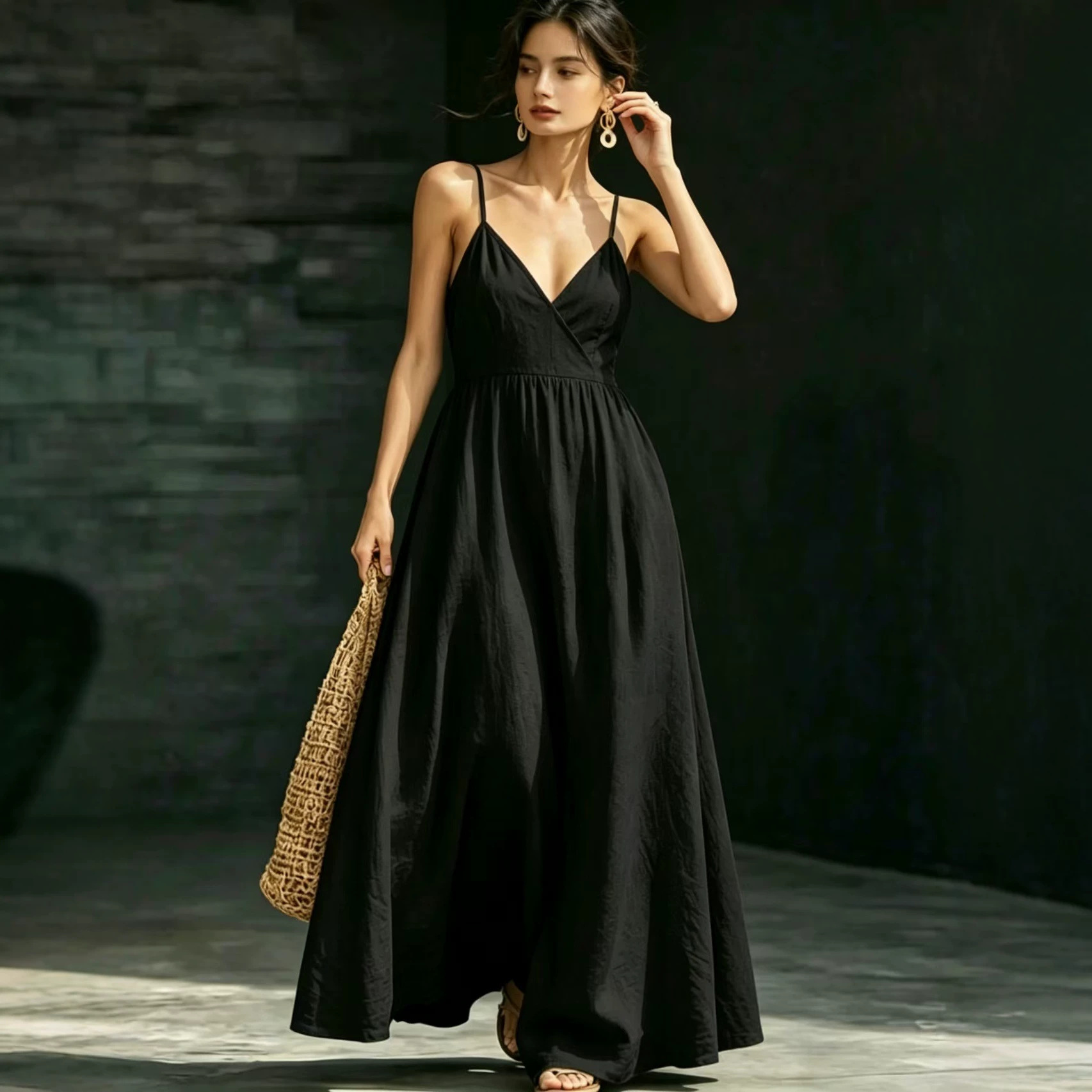 V-Neck Sleeveless Midi Dress with Pockets Elegant Casual