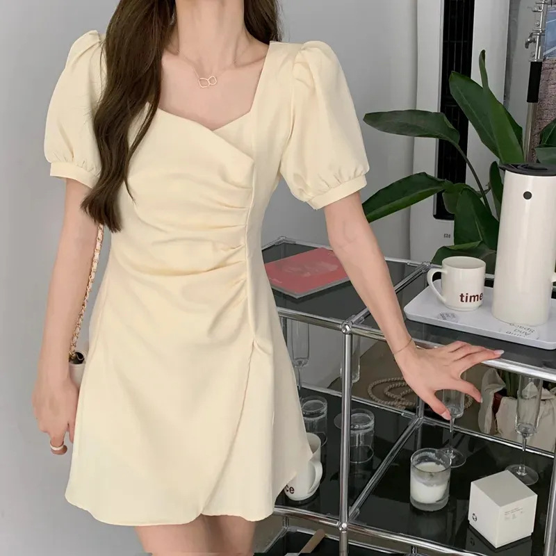 French Square Neck Ruched Puff Sleeve Asymmetric Dress Women's Slim Waist