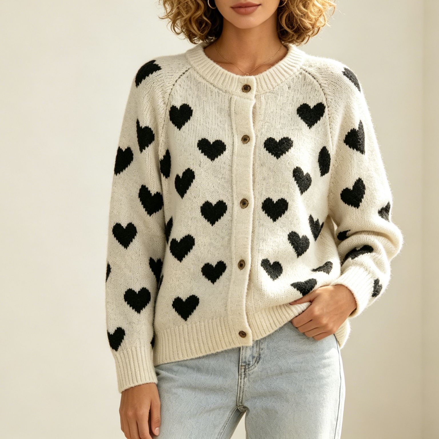 Heart Jacquard Color-Block Knit Cardigan Sweater