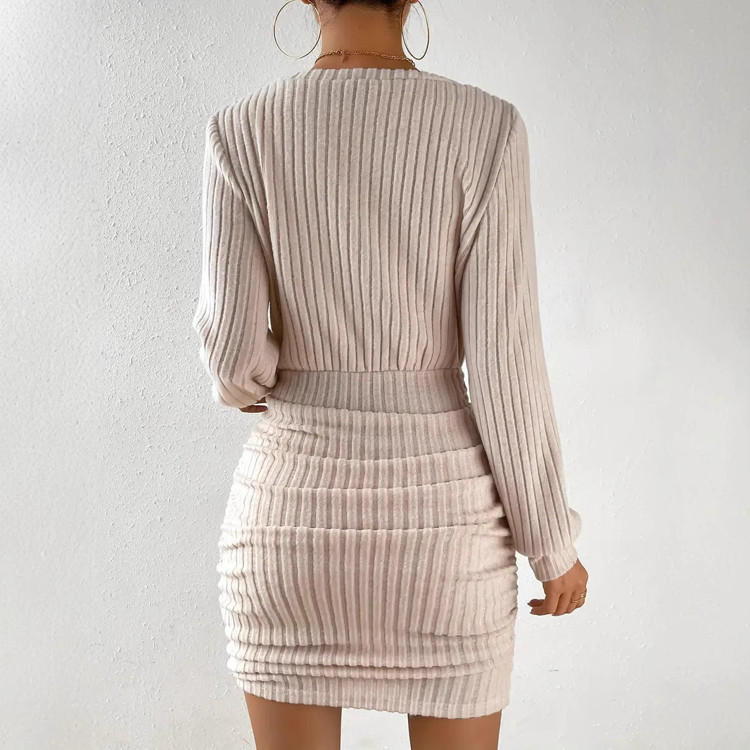 Women's Brushed Ribbed V-Neck Long Sleeve Bodycon Dress