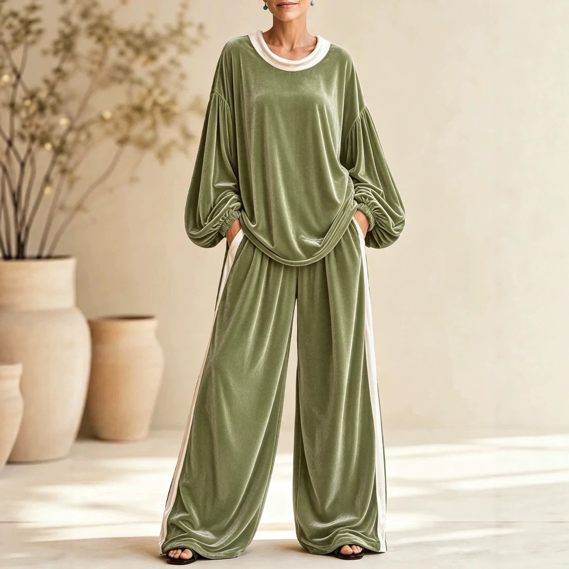 Velvet Black and White Colorblock Two-Piece Women's Casual Set