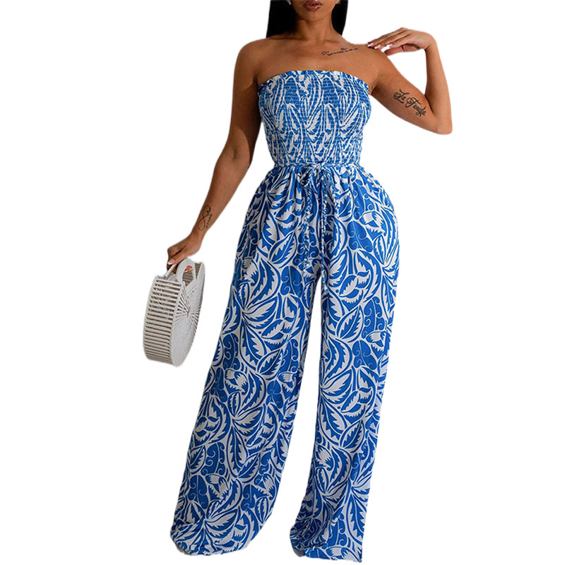 Women's Printed Strapless Wide-Leg Jumpsuit with Open Back and Cinched Waist