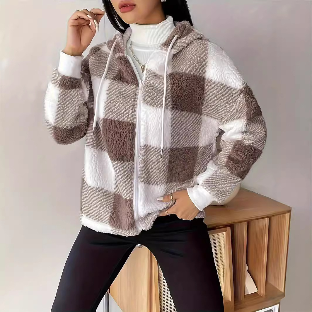 Plaid Hooded Zip-Up Cardigan Coat Loose Fit Long Sleeve Fuzzy Knit