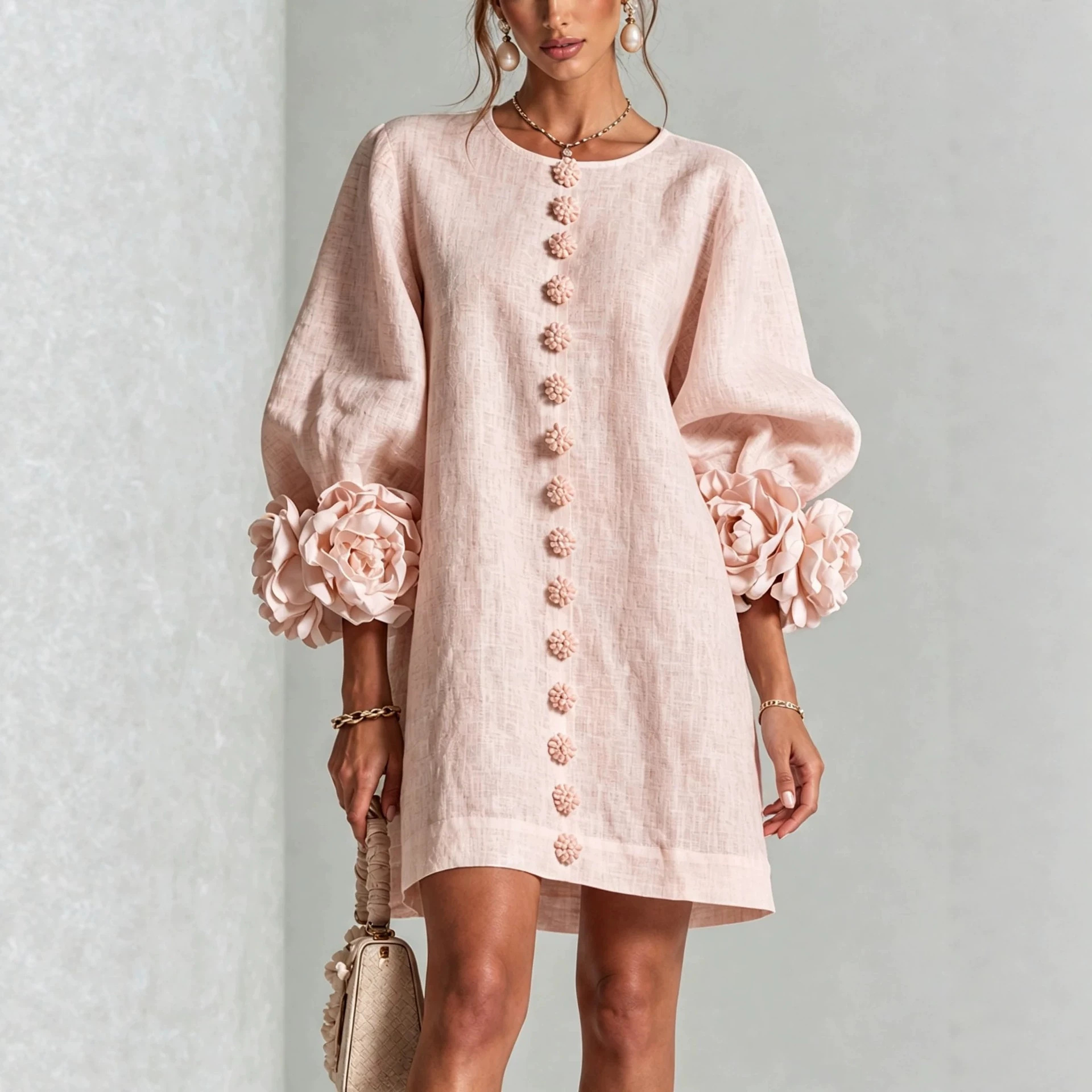 French-Style 3D Floral Lantern-Sleeve Solid Dress with Round Neck and Button Front