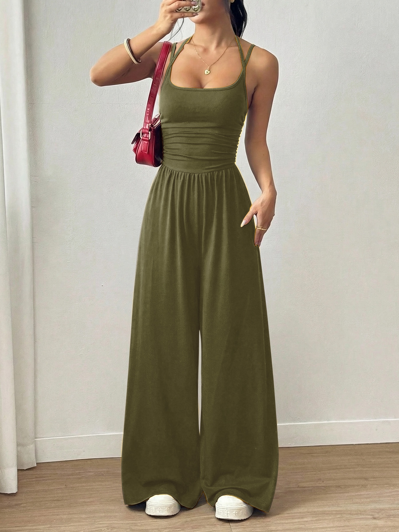 Women's Sleeveless Strapless Wide-Leg Jumpsuit Solid Color