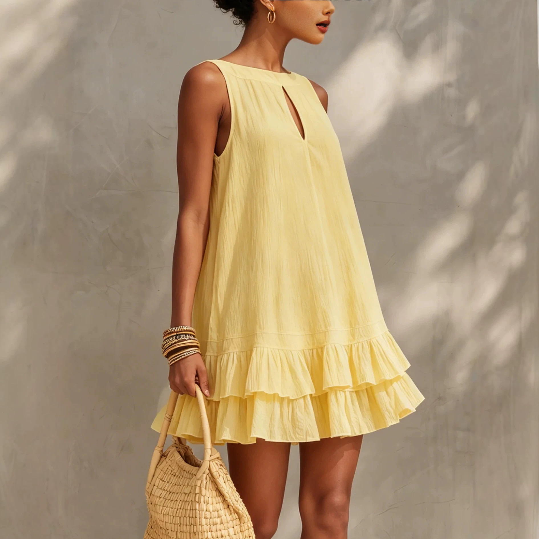Light Yellow Textured Boat Neck Cutout Sleeveless A-Line Dress with Double Ruffle Hem