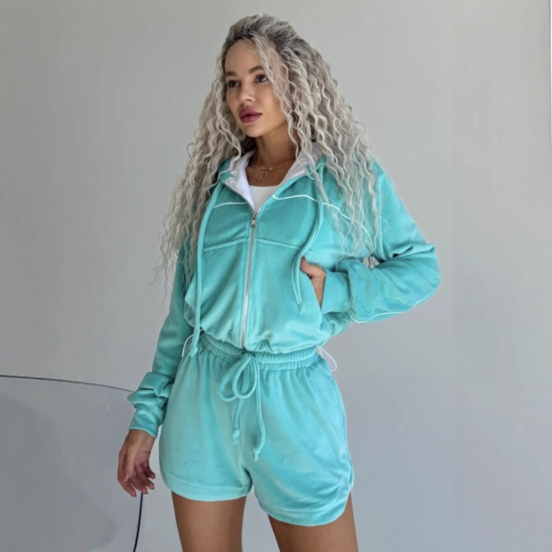 Velvet Colorblock Long-Sleeve Cardigan and Shorts Two-Piece Set