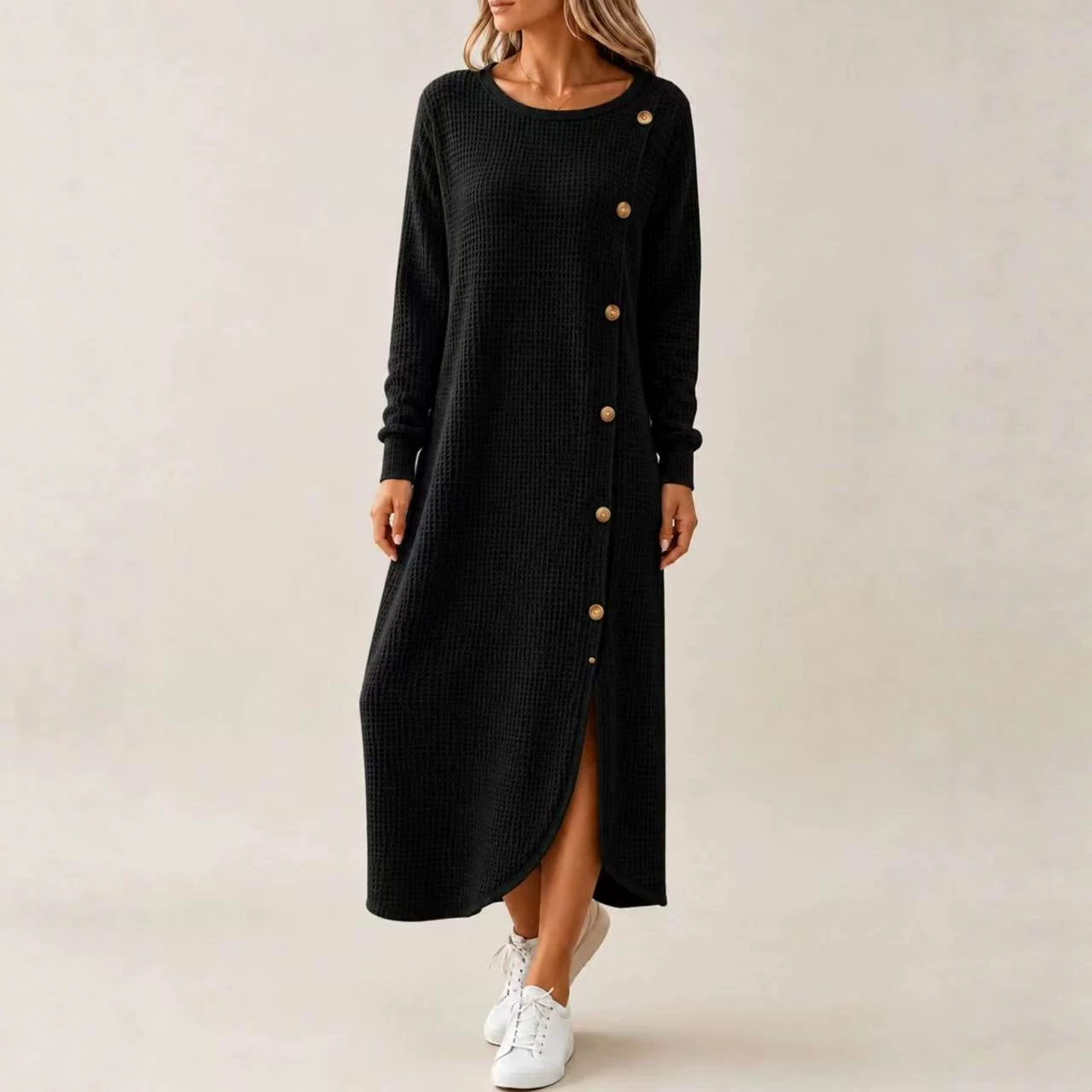 Waffle Knit Long Sleeve Button Slit Long Sweater Dress