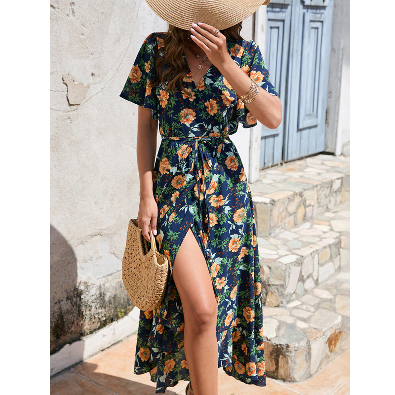 New One-Shoulder Chiffon Maxi Dress with Ruffled Sleeves