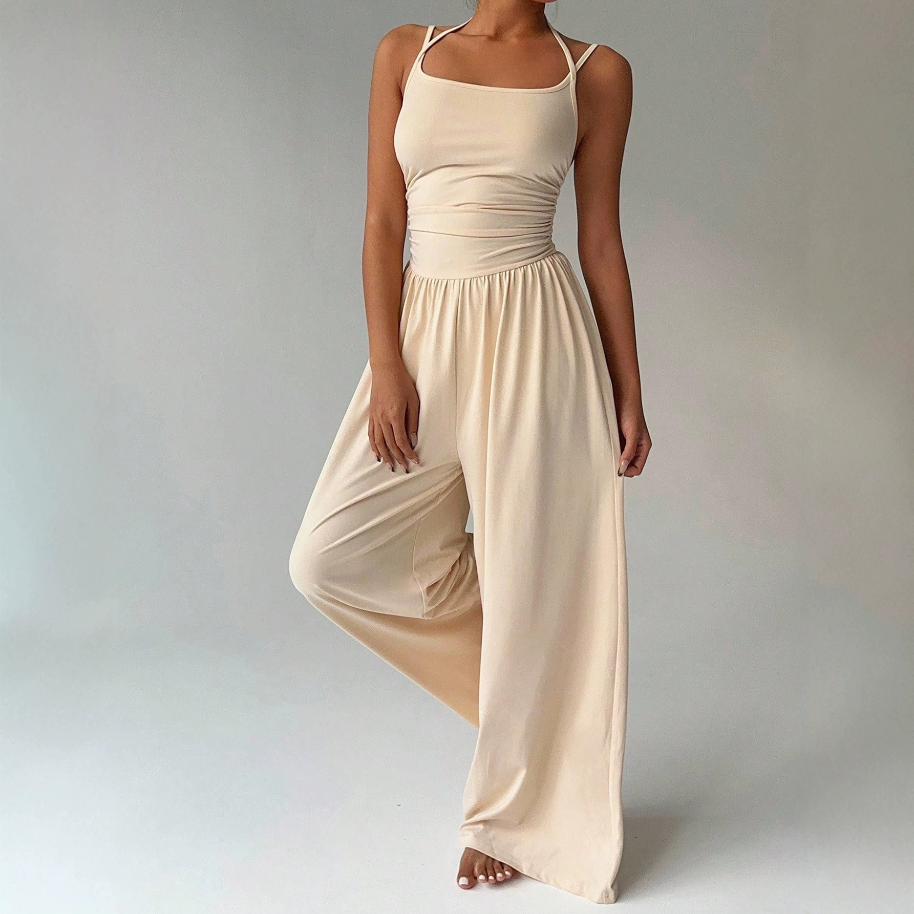 Women's Sleeveless Strapless Wide-Leg Jumpsuit Solid Color