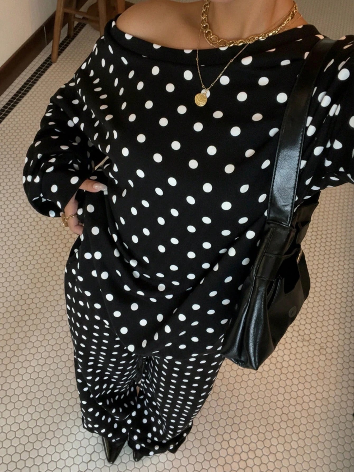 Women's Polka Dot Print One-Shoulder Long Sleeve Drawstring Pants Casual Two-Piece Set