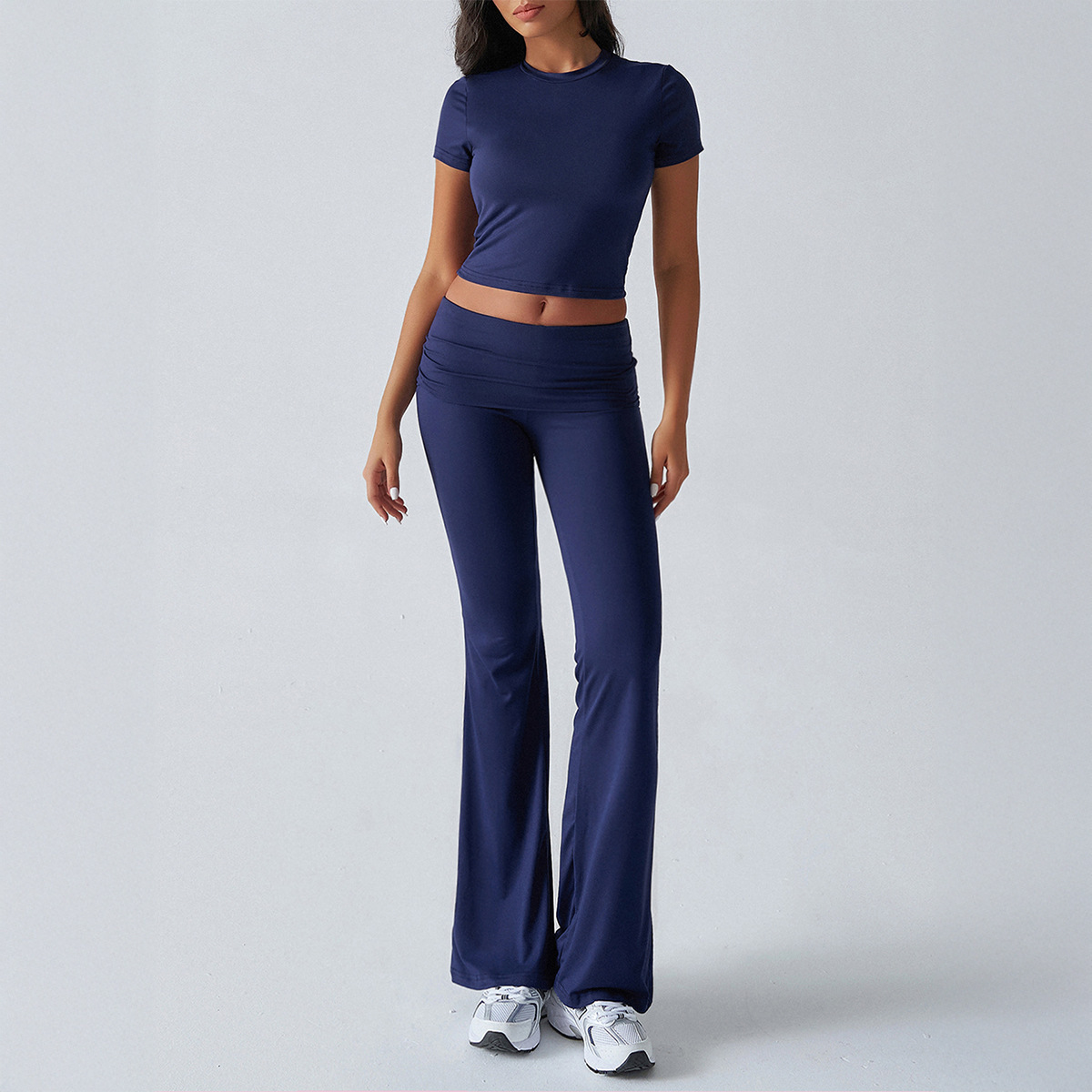 Women's Solid Color Slim Fit Short Sleeve Top and Pants Set