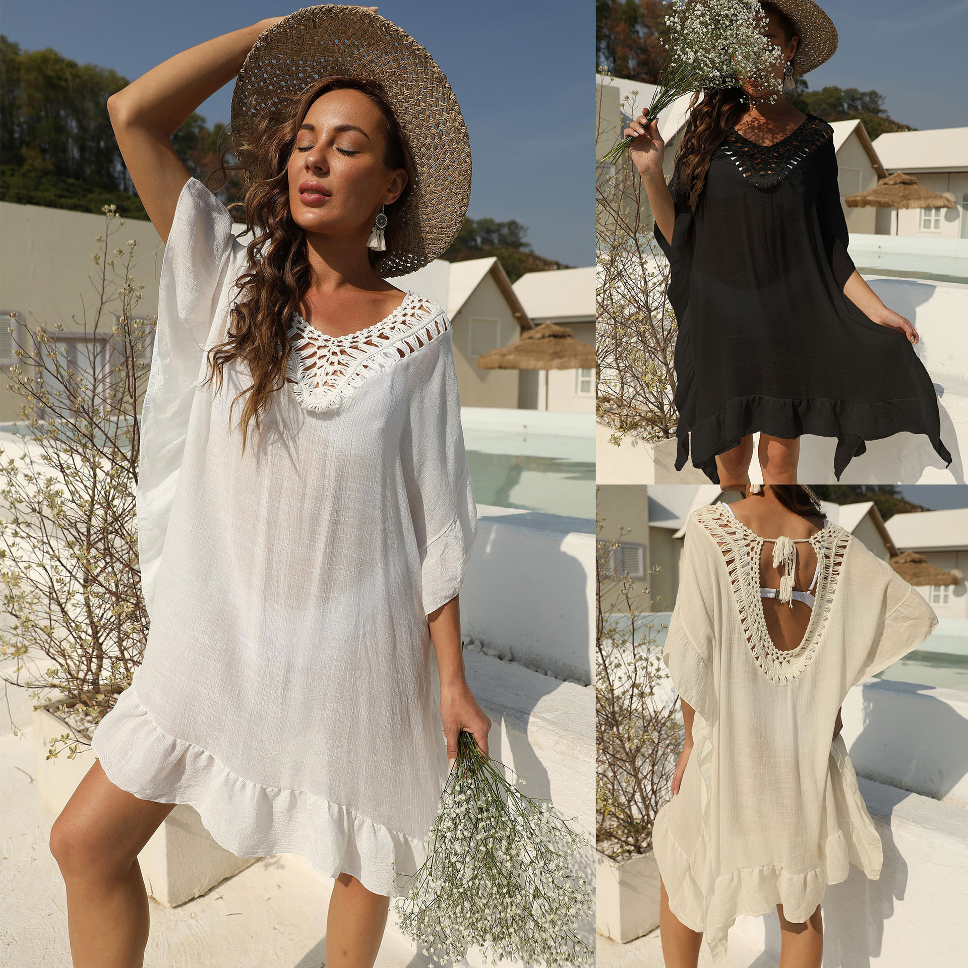 Women's Hand-Crochet Spliced Cover-Up Dress with Open Back and Ruffles