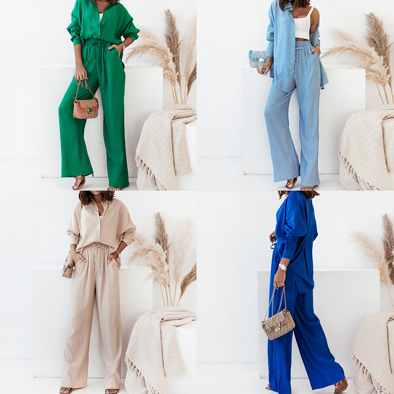 Women's Solid Color Shirt and Pants Casual Two-Piece Set