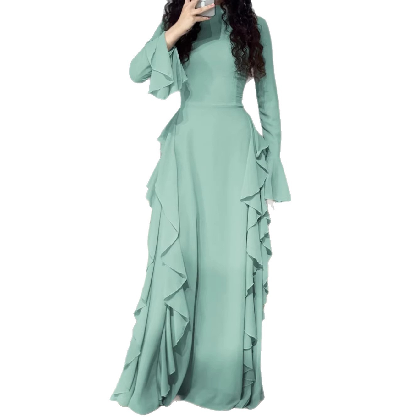 Elegant High-Waist Solid Bell-Sleeve Long Dress