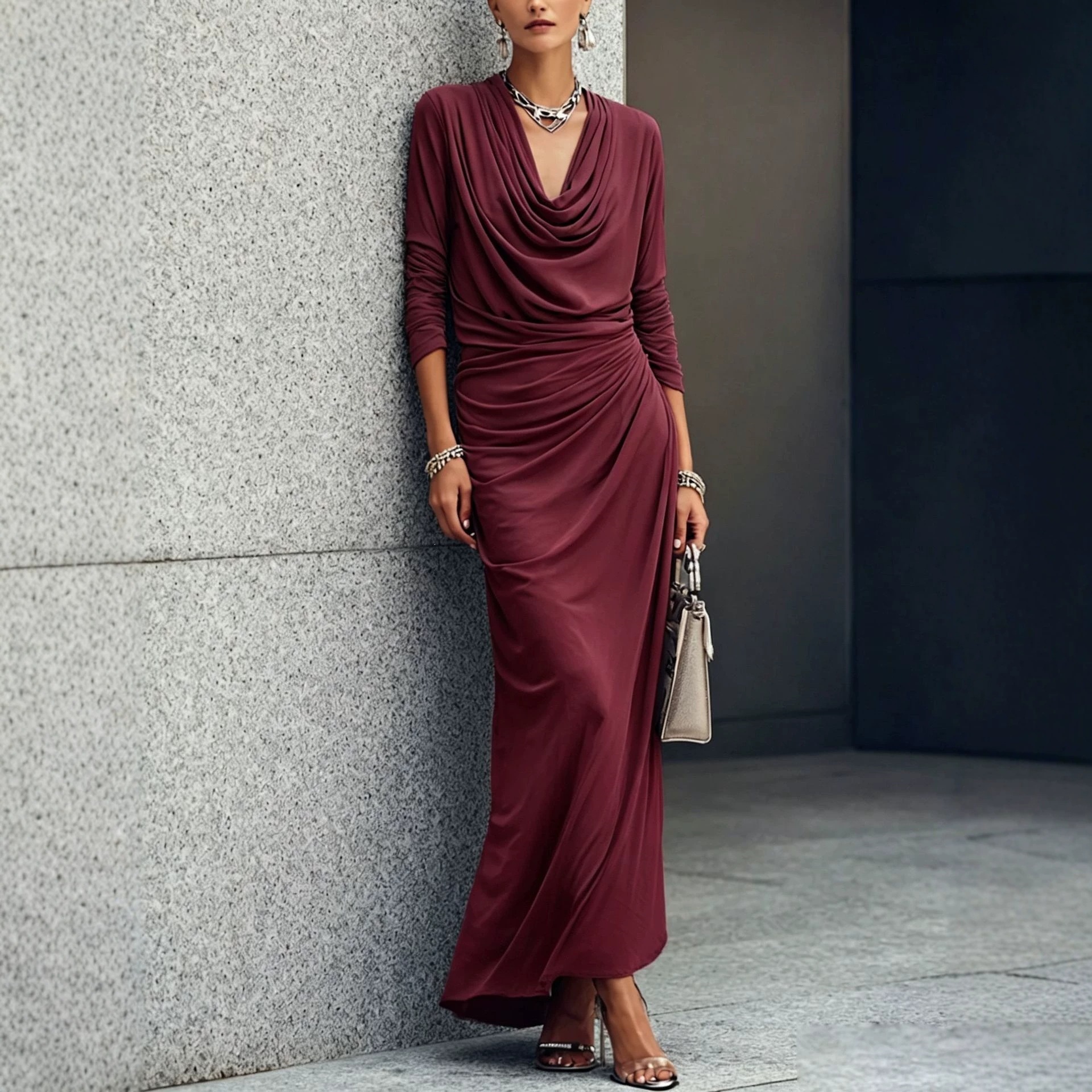 Women's Long Sleeve Draped Neck Ruched Waist Midi Dress