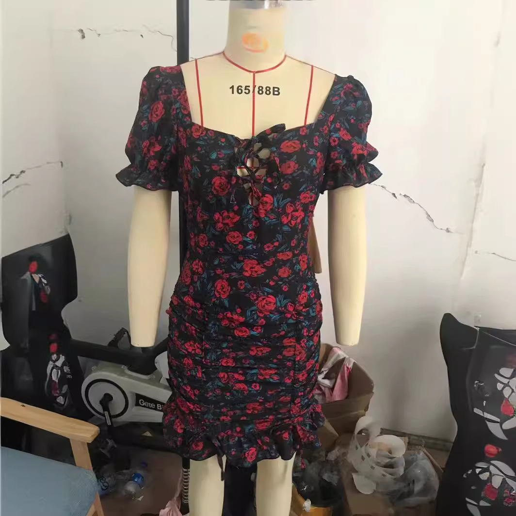 Square Neck Tie-Strap Short Sleeve Open Back Dress