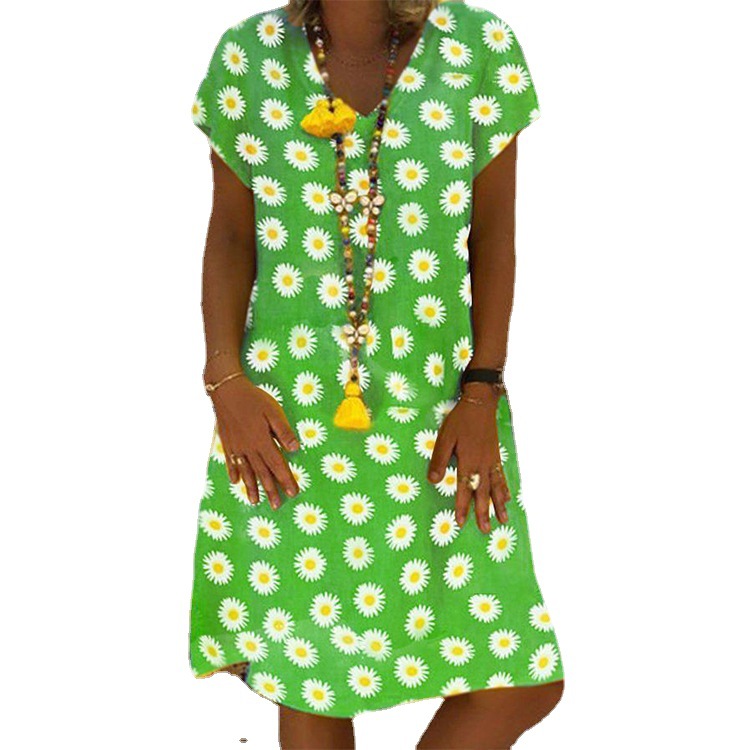 Women's V-Neck Floral Print Dress Short Sleeve Summer