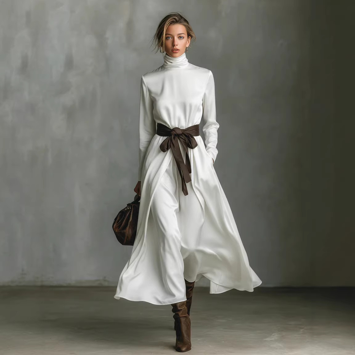 Women's High Neck Long Sleeve Midi Dress with Contrast Belt