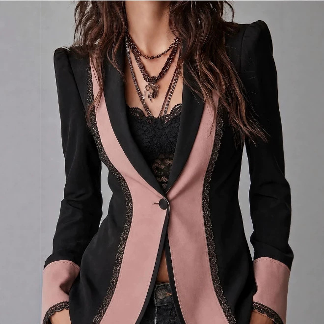 Retro Single-Button Color-Block Blazer with Lace Trim