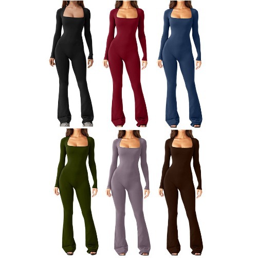 Women's Long Sleeve Square Neck Wide Leg Jumpsuit with Tummy Control and Butt Lifting