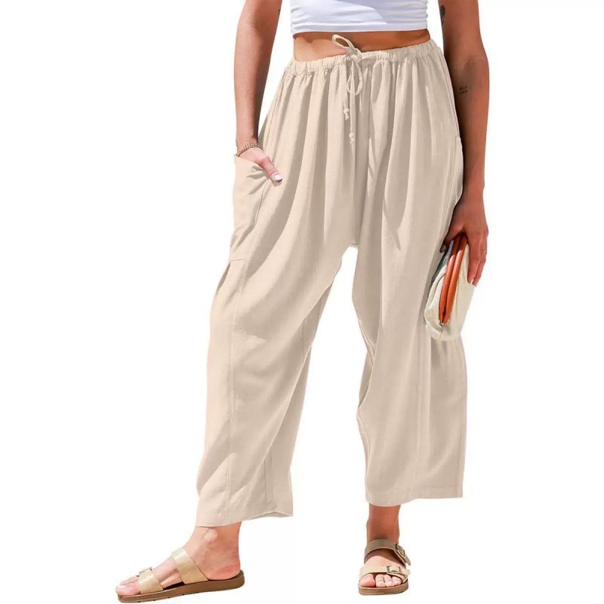 Women's Cotton-Linen Straight-Leg Cropped Pants with Elastic Waist and Pleats, Breathable Casual