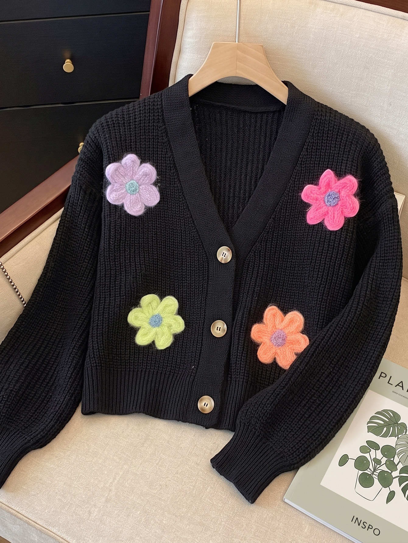 Women's Loose Knit Cardigan with 3D Floral Appliqué