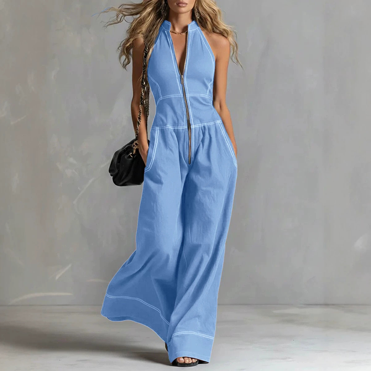 Women's Sleeveless Stand Collar Wide-Leg Jumpsuit