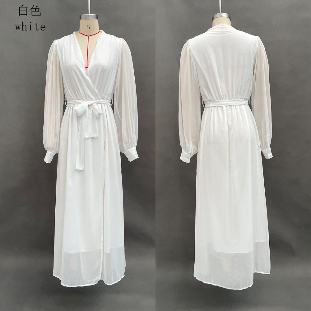 V-Neck Solid Color Waist-Cinched Long Sleeve High Slit Flowy Chiffon Dress