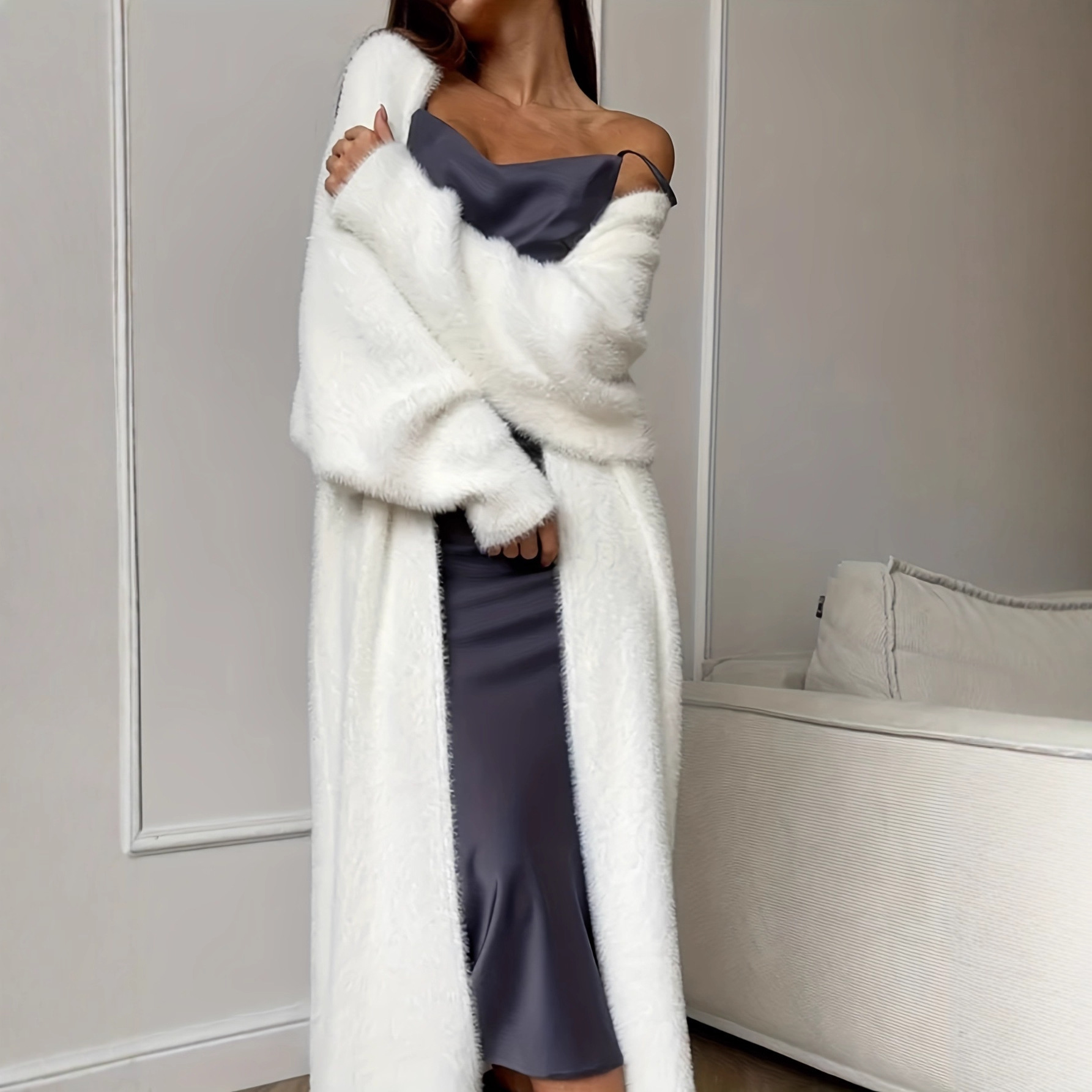 Faux Mink Fuzzy Knit Cardigan Coat Women's Loose Long Lantern Sleeve