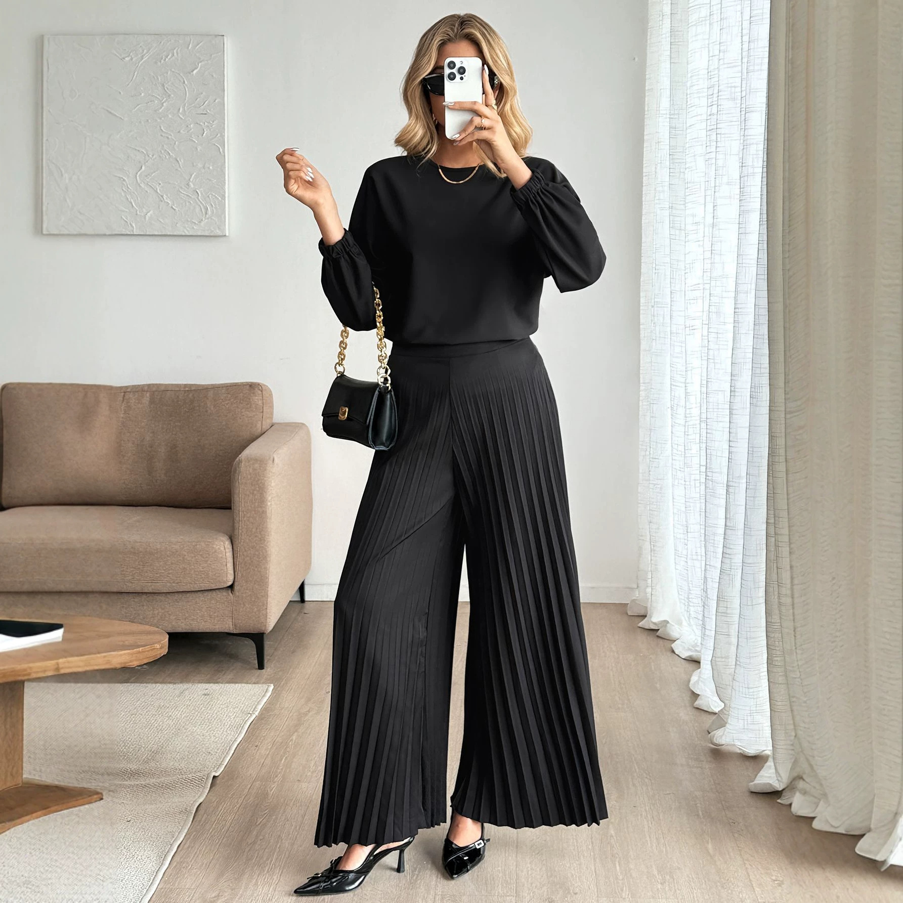 Women's Elegant Crewneck Long-Sleeve Top and High-Waist Pleated Pants Two-Piece Set