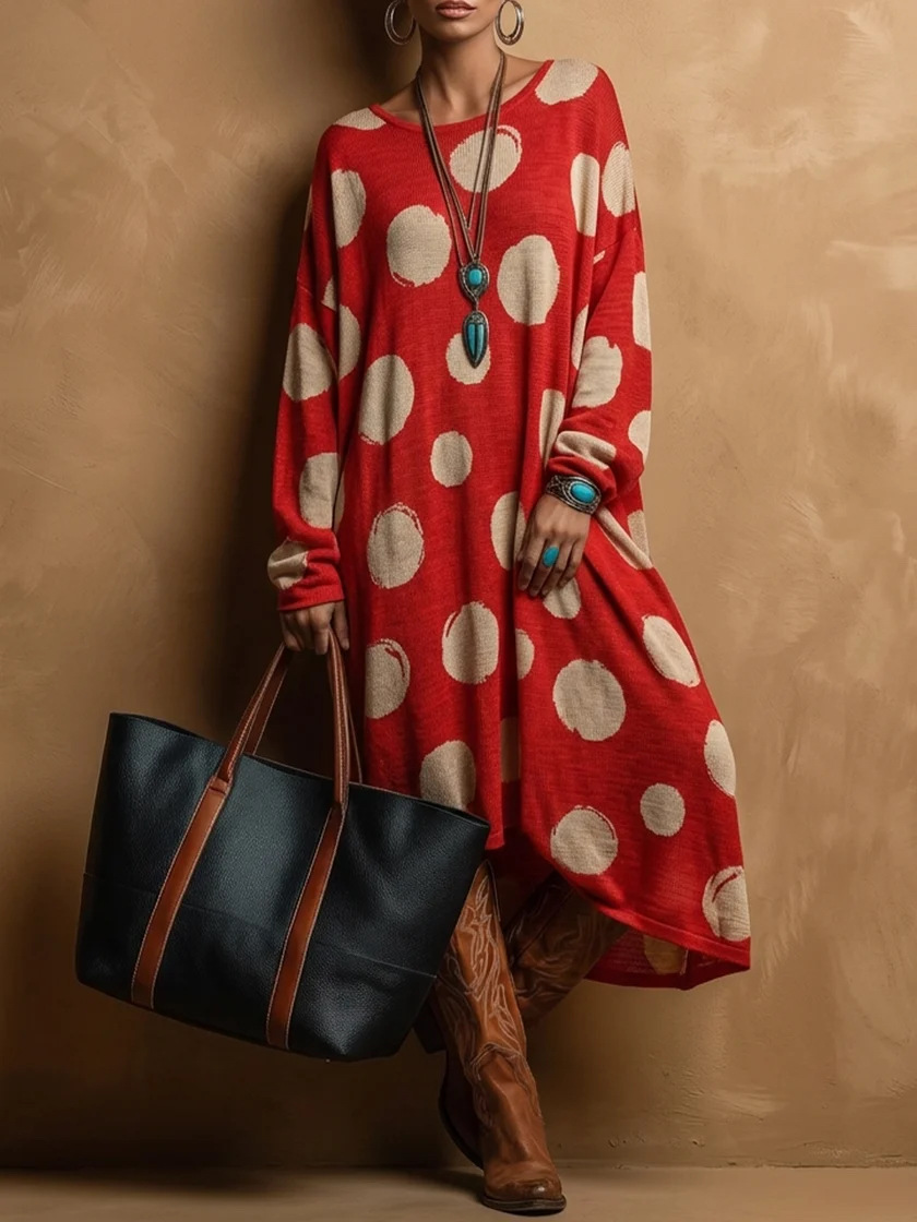 Retro American Polka Dot Print Loose A-Line Long Sleeve Round Neck Dress