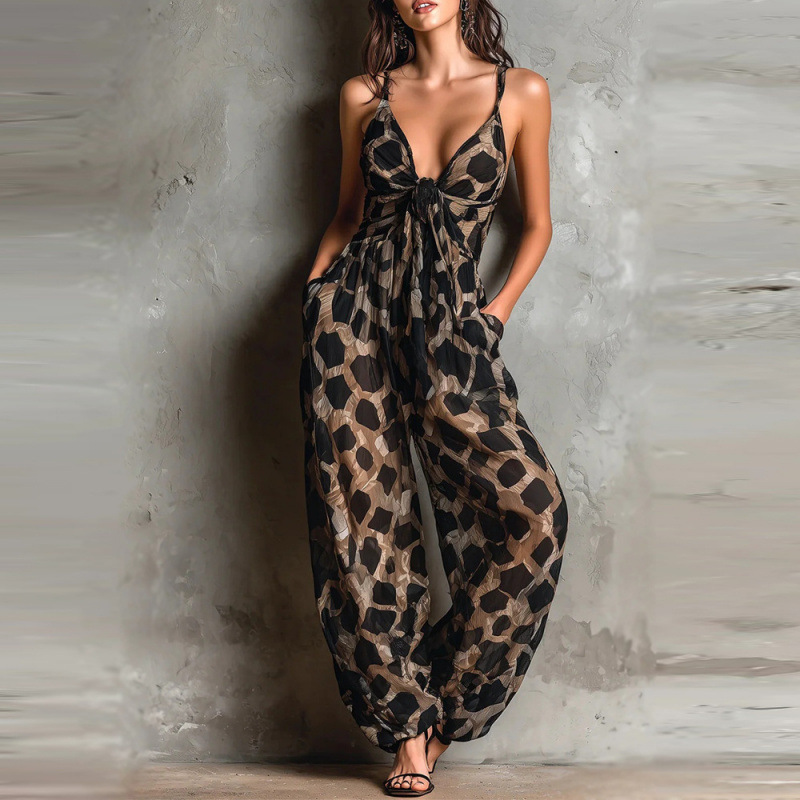 Leopard Print Twist Strap Deep V Wide Leg Jumpsuit