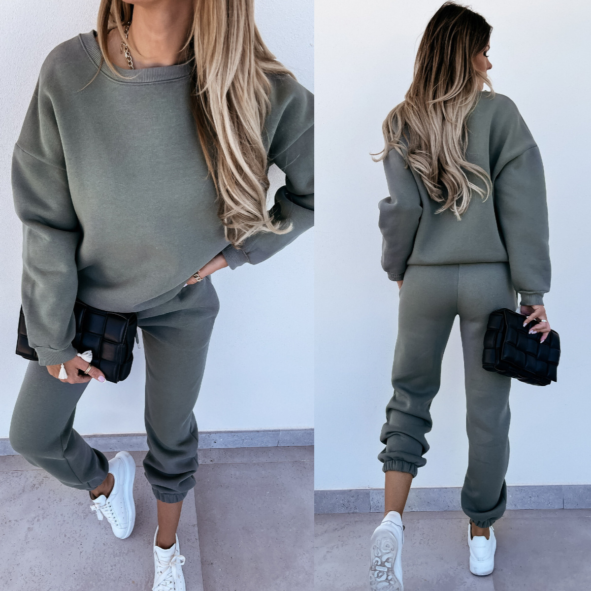 Women's Casual Two-Piece Sweatsuit Set Long Sleeve Solid Color