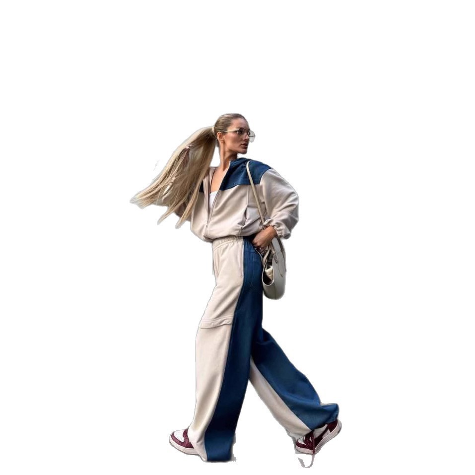 High Street Colorblock Hooded Cardigan & Distressed Button Pants Two-Piece Set