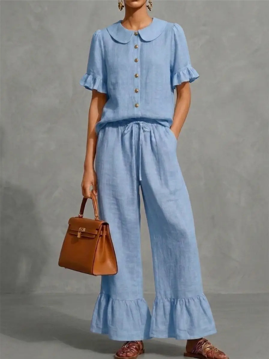Ruffled Shirt & Wide-Leg Pants Linen Two-Piece Set