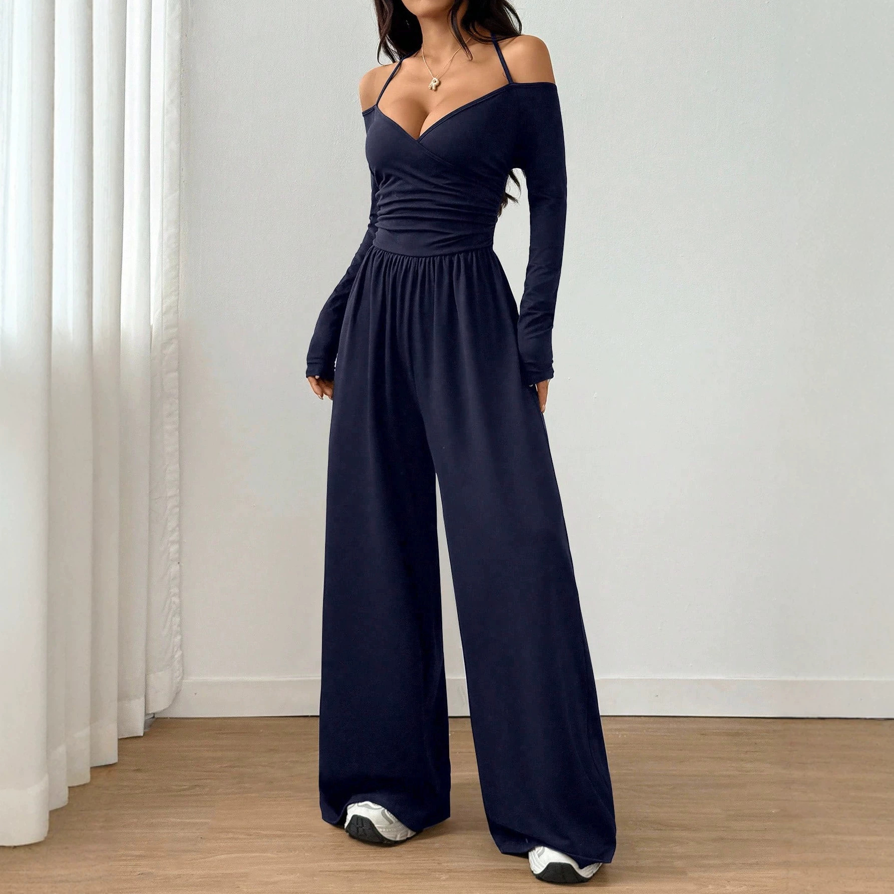 V-Neck Halter Tie Long Sleeve Wide Leg Jumpsuit with Waist
