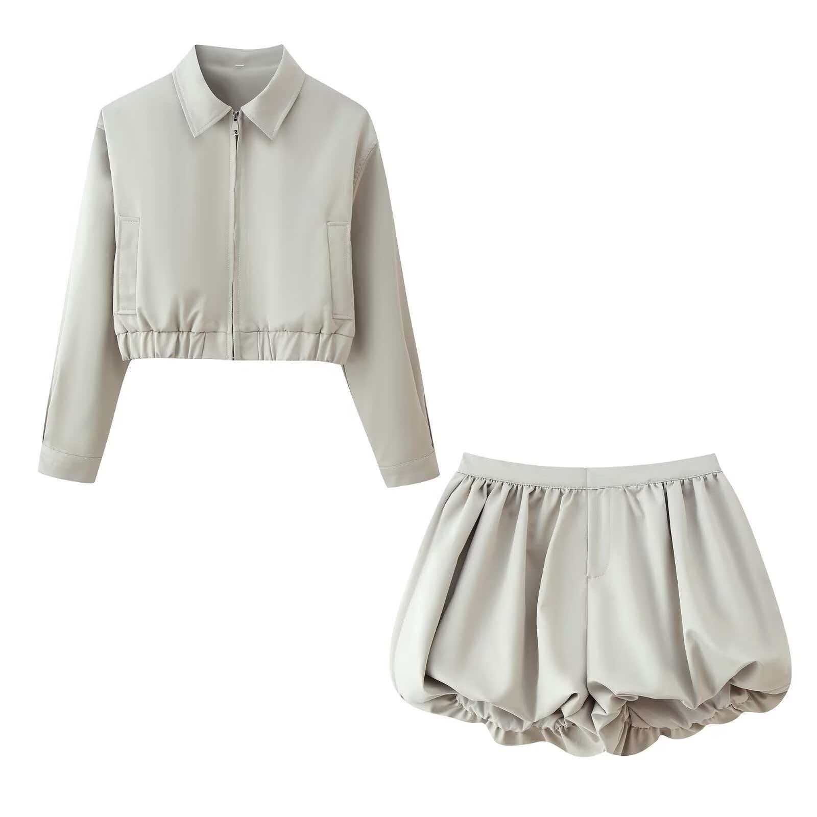 Women's Beige Gray Zip Jacket and Bloomer Shorts Set