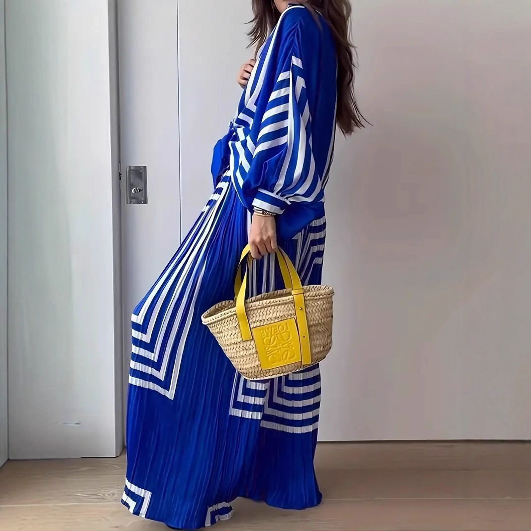 Striped Print Pleated Two-Piece Set Long Sleeve Shirt Wide Leg Pants