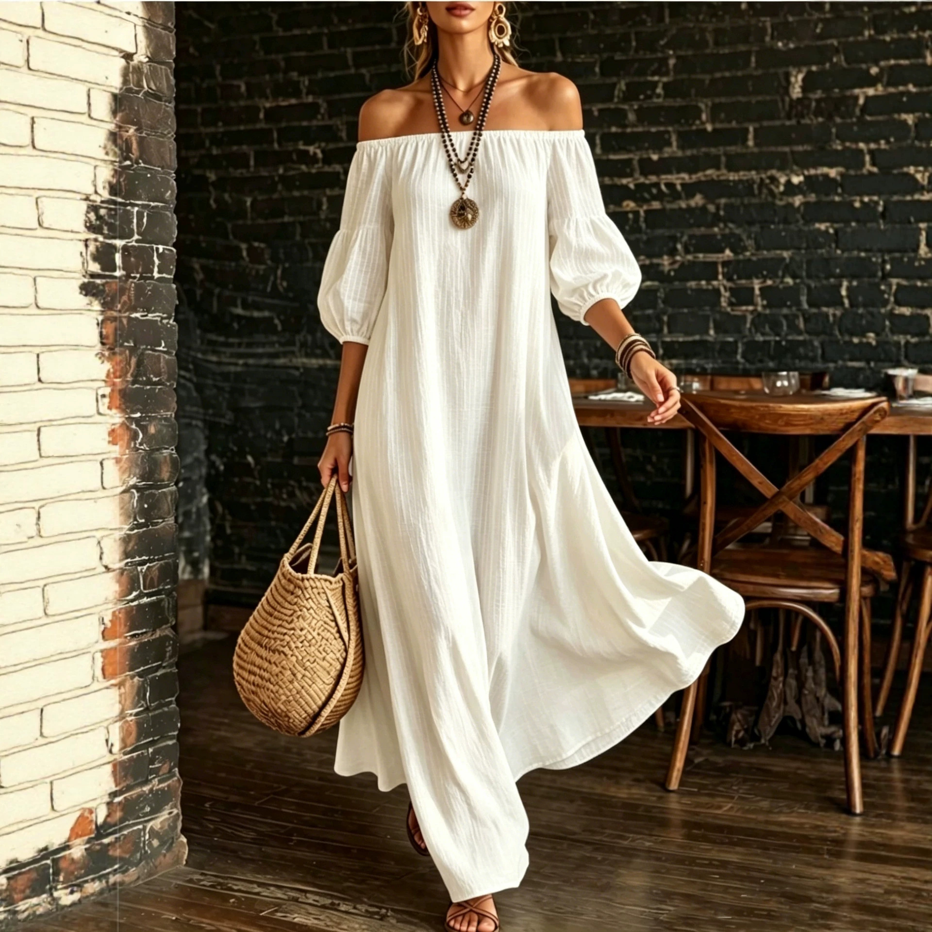 Off-Shoulder Puff Sleeve Textured Solid Color Dress Women Loose Flowy Vacation Beach Long Dress