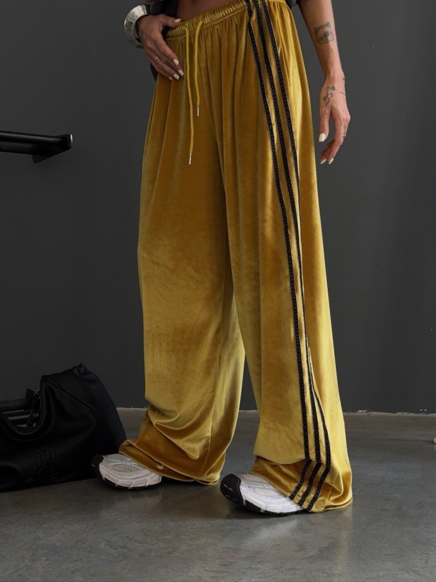 Velvet Side-Stripe Wide-Leg Drawstring Sweatpants