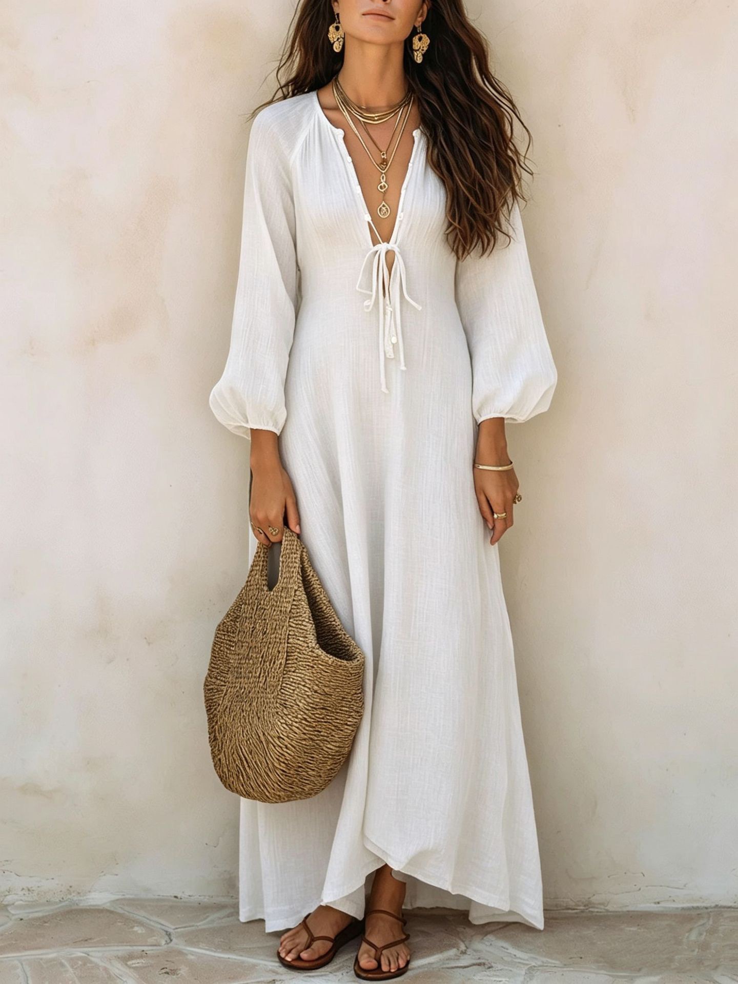 Deep V-Neck Tie-Front Textured Bubble Sleeve Boho Maxi Dress